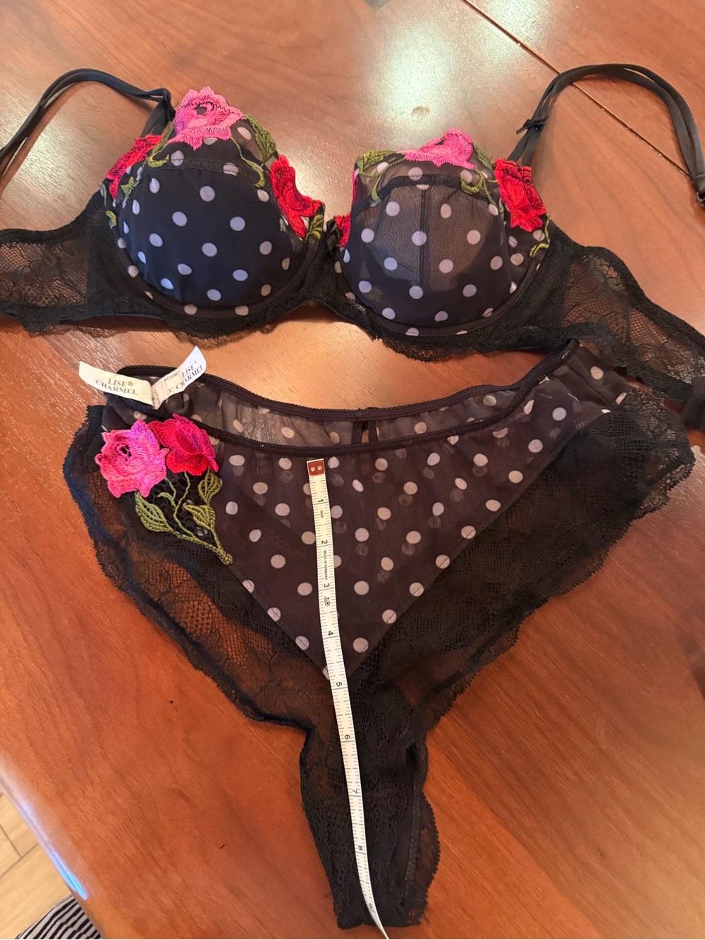 LISE CHARMEL French lingerie  Polka Dot Lace Bra & tanga  Set with Pink Flora